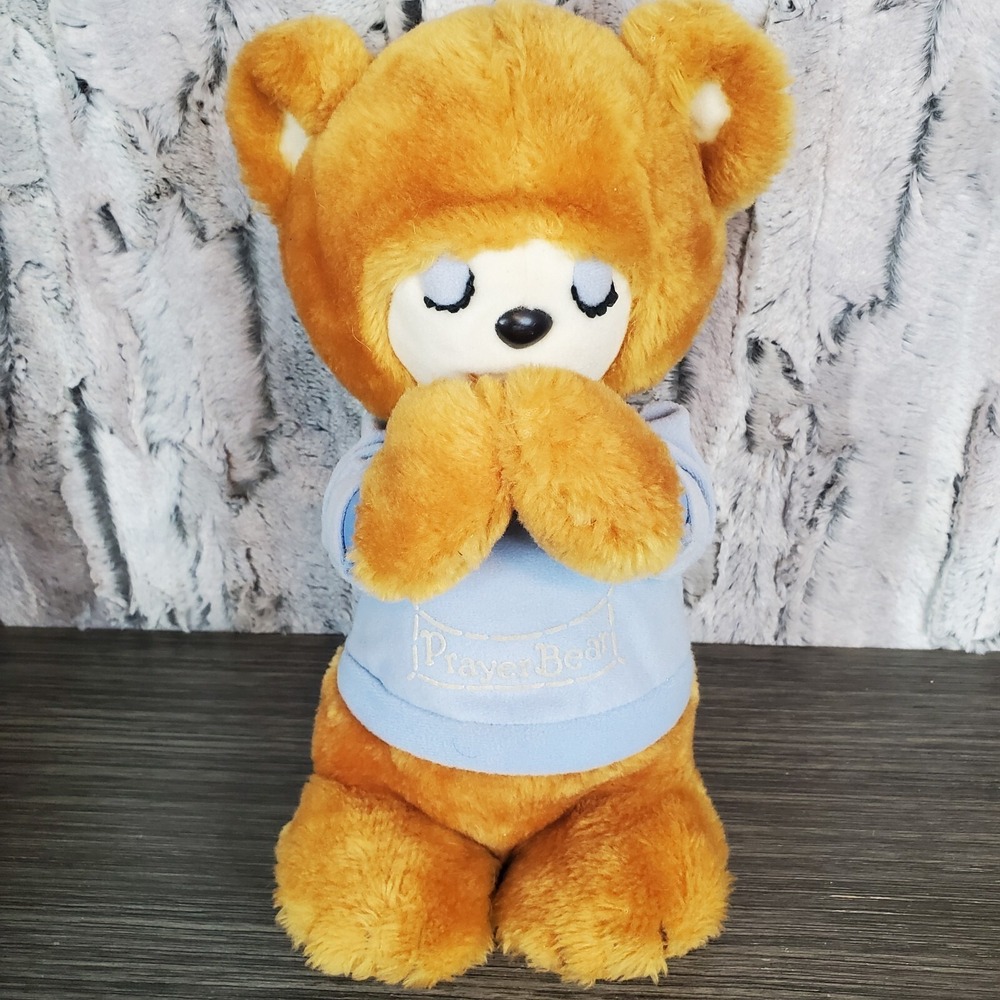 Vintage 1981 Blue Prayer Bear Knickerbocker 11" Brown Teddy‎ Blue Shirt Korea
